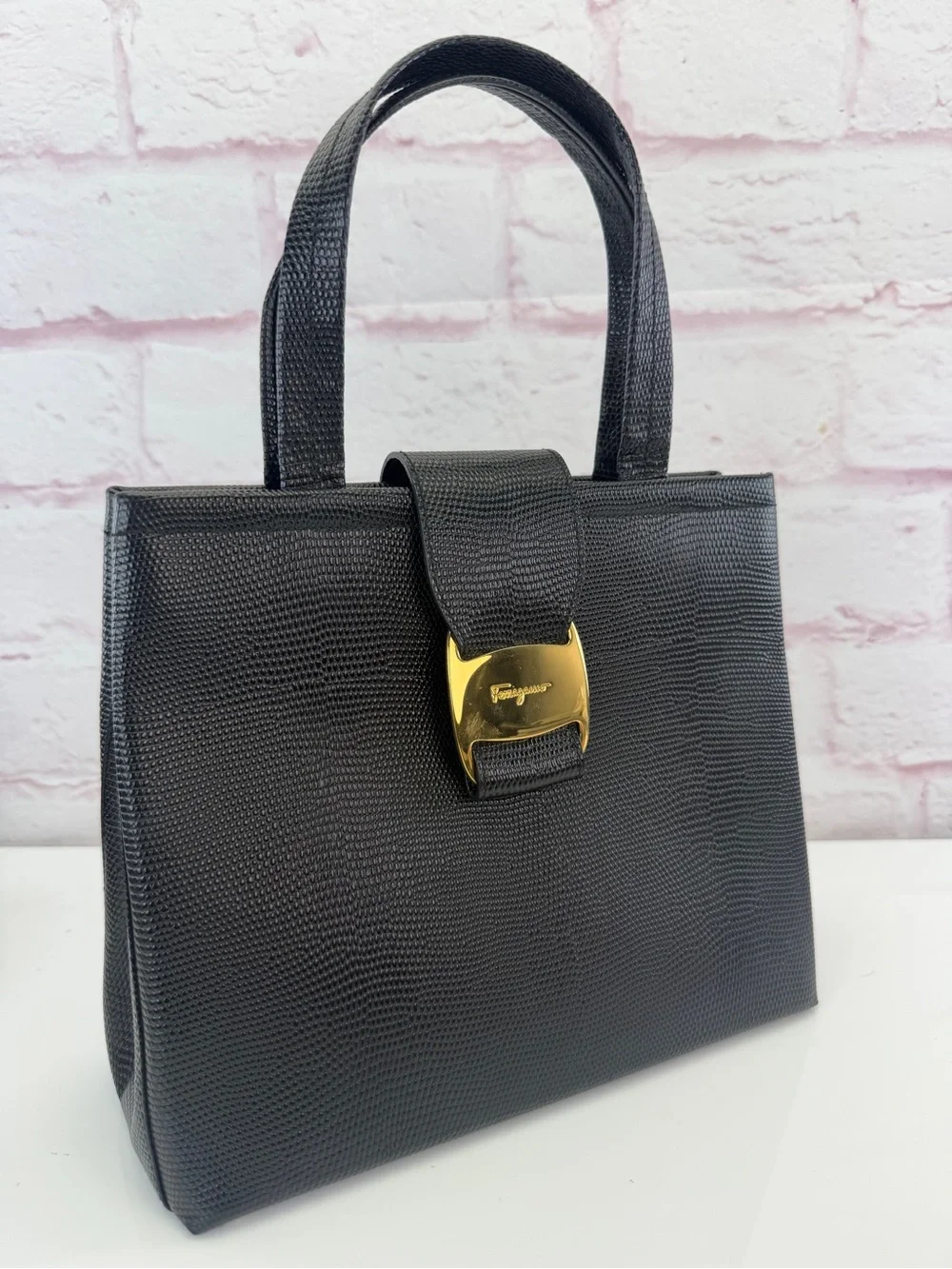 Salvatore Ferragamo Black Lizard-Embossed Top-Handle Satchel Vintage